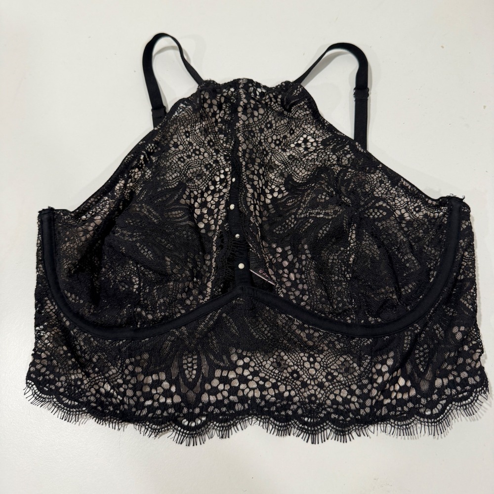 Victorias Secret Very Sexy Black Lace High Neck Unlined Plunge Bra 34C 381685-